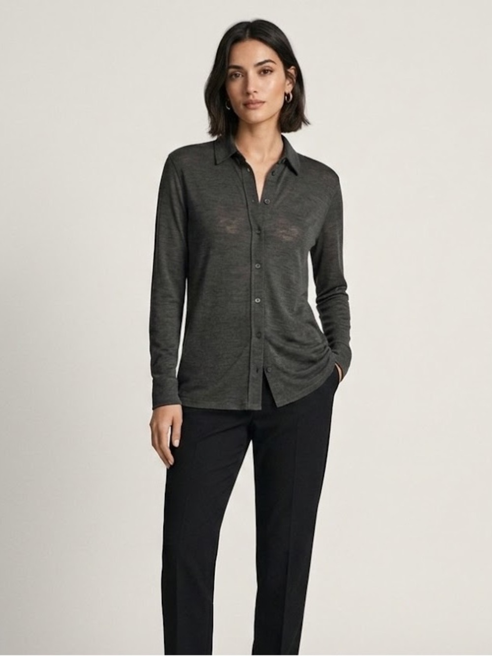 Massimo Dutti Olive Gray Lyocell/Wool Button Up Blouse | Size Medium